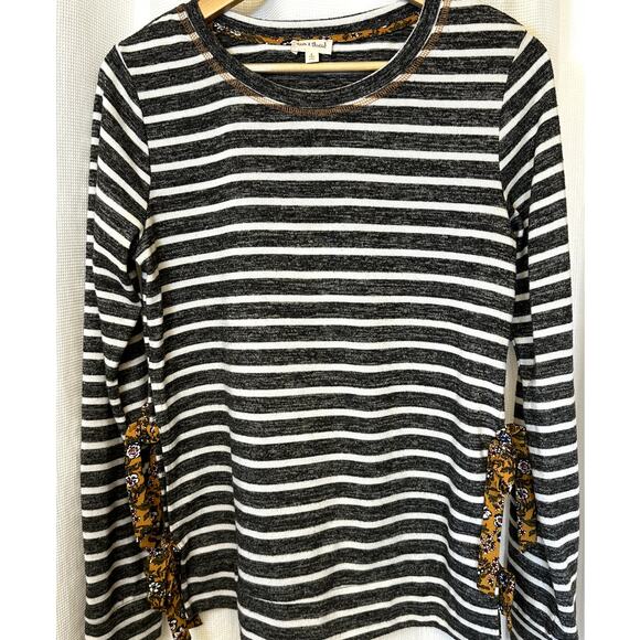 Hem & Thread Striped Pullover Knit Top Sz L with Boho Floral Side Ties Bohemian - Picture 1 of 6